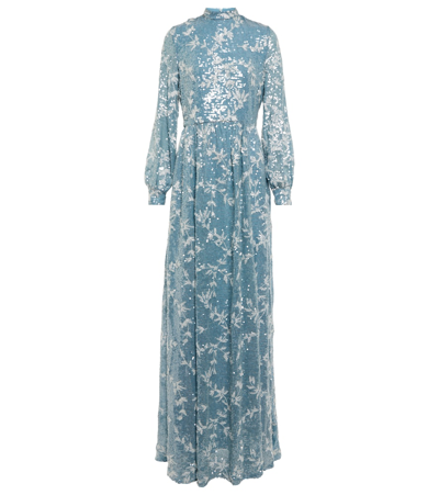 Shop Erdem Kara Sequined Gown In Blue + Silver