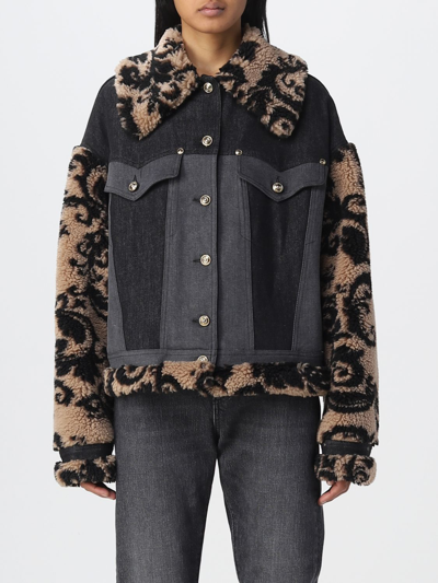 Versace Jeans Couture Denim Jacket With Eco-fur Inserts In Black