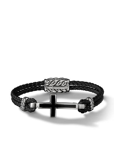 Shop David Yurman Exotic Stone Cross Onyx Leather Bracelet In Black