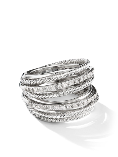 David Yurman Sterling Silver Crossover Wide Ring With Diamonds, 7 In Silver