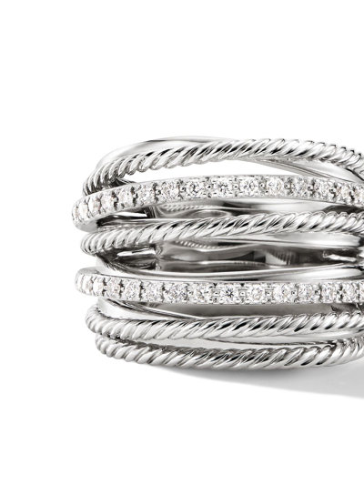 David Yurman Sterling Silver Crossover Wide Ring With Diamonds, 7 In Silver
