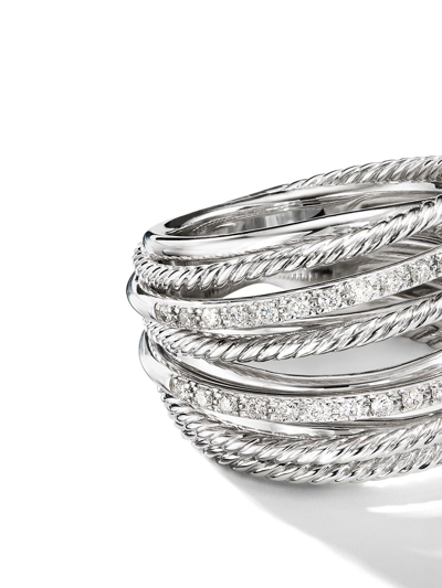 David Yurman Sterling Silver Crossover Wide Ring With Diamonds, 7 In Silver