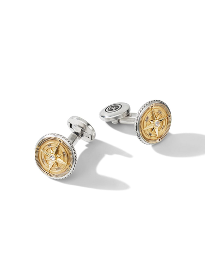 David Yurman 18kt Yellow Gold And Sterling Silver Maritime Compass Diamond Cufflinks In Silver