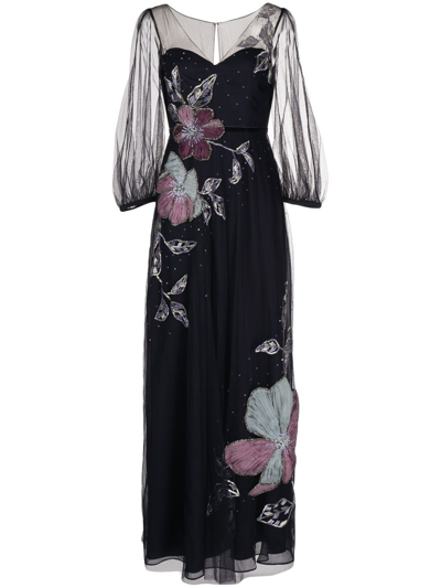 Shop Marchesa Notte Floral-appliqué Bead-embellished Silk Gown In Blue