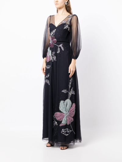 Shop Marchesa Notte Floral-appliqué Bead-embellished Silk Gown In Blue