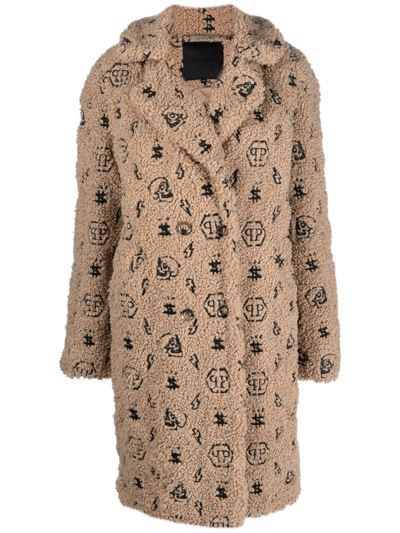 Shop Philipp Plein Faux-fur Embroidered-monogram Coat In Neutrals