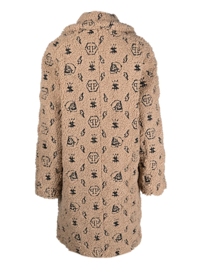Shop Philipp Plein Faux-fur Embroidered-monogram Coat In Neutrals