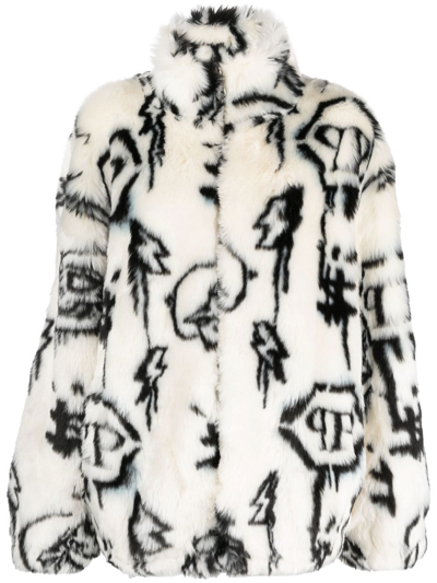 Shop Philipp Plein Monogram-print Faux Fur Coat In White