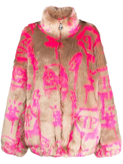 Shop Philipp Plein Monogram-print Faux Fur Coat In Pink