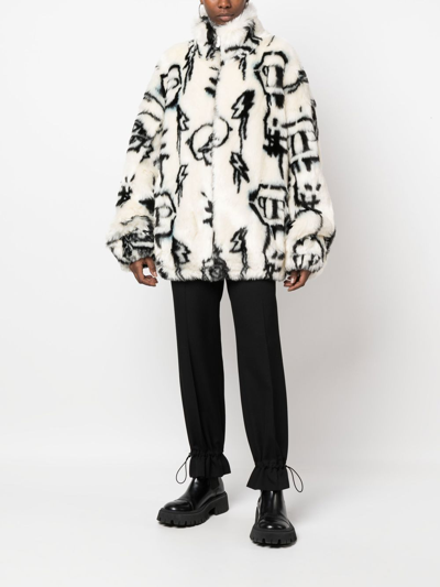 Shop Philipp Plein Monogram-print Faux Fur Coat In White