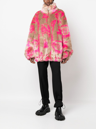 Shop Philipp Plein Monogram-print Faux Fur Coat In Pink