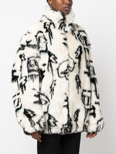 Shop Philipp Plein Monogram-print Faux Fur Coat In White