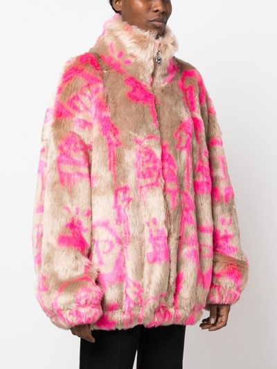 Shop Philipp Plein Monogram-print Faux Fur Coat In Pink