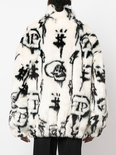 Shop Philipp Plein Monogram-print Faux Fur Coat In White