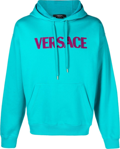 Shop Versace Logo-print Pullover Hoodie In Blue