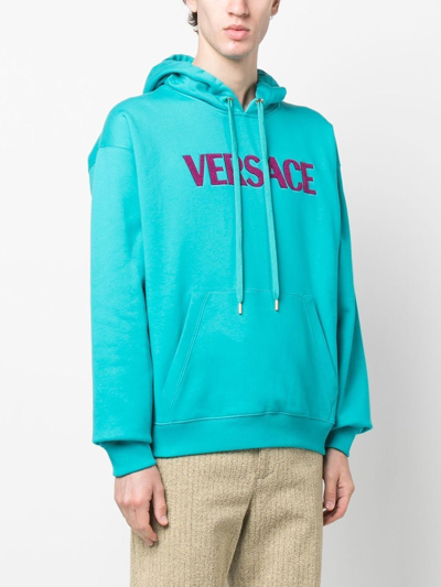 Shop Versace Logo-print Pullover Hoodie In Blue