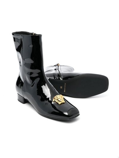 Shop Versace Medusa Plaque Patent Leather Boots In Black