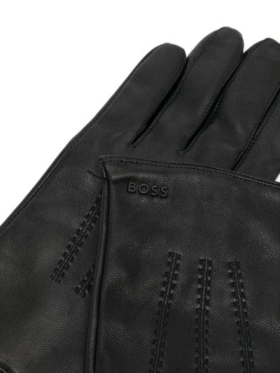 Shop Hugo Boss Logo Leather Gloves In Black