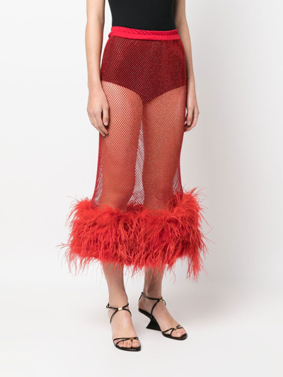 Shop Atu Body Couture Feather-trim Sheer Maxi Skirt In Red