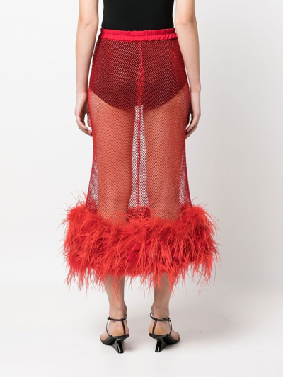 Atu Body Couture Feather-trim Sheer Maxi Skirt In Red