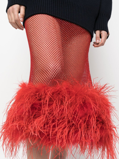 Atu Body Couture Feather-trim Sheer Maxi Skirt In Red