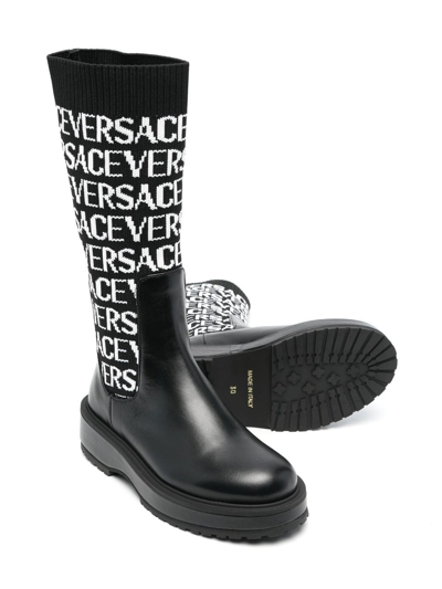 Versace Logo Jacquard Knit Leather Tall Boots In Black ModeSens