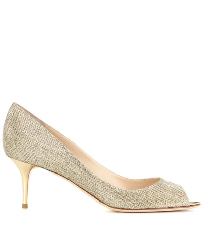 Shop Jimmy Choo Isabel Glitter-fabric Peep-toe Pumps In Gold