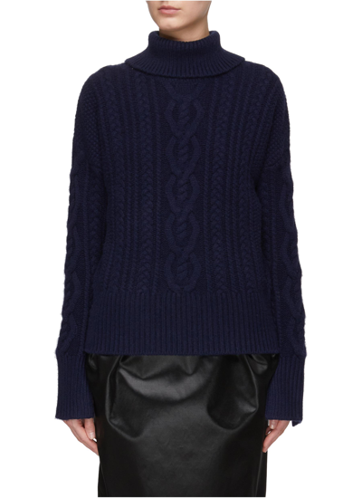 Dreyden Cashmere Chunky Cable Knit Split Neck Sweater In Blue