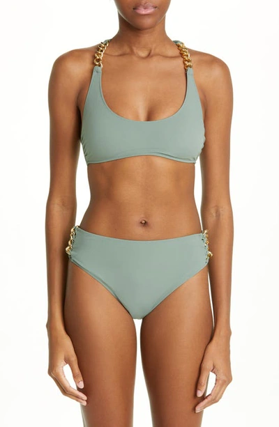 Shop Stella Mccartney Falabella Chain Detail Bikini Top In Khaki