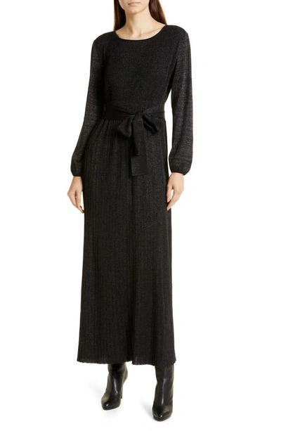 Shop Misook Pleated Shimmer Tie Waist Long Sleeve Midi Dress In Black