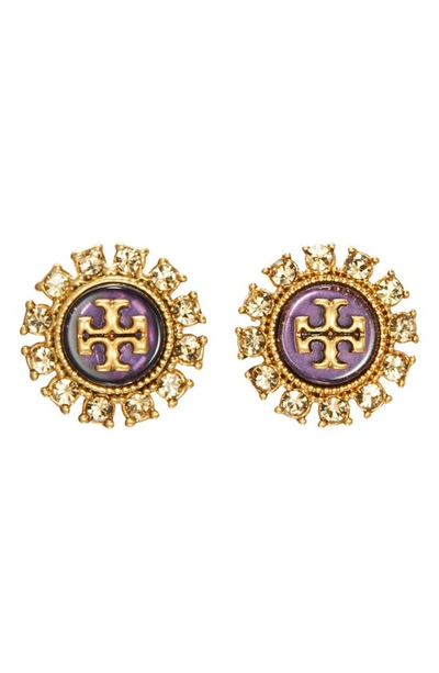 Tory Burch Kira Crystal Stud Earring In Antique Brass/ Purple Multi