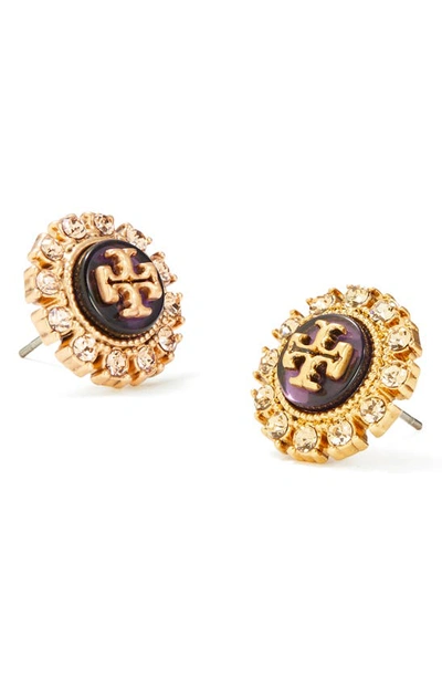 Tory Burch Kira Crystal Stud Earring In Antique Brass/ Purple Multi