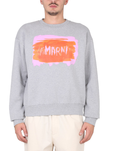Shop Marni Crewneck Sweatshirt With Logo Print In Grey