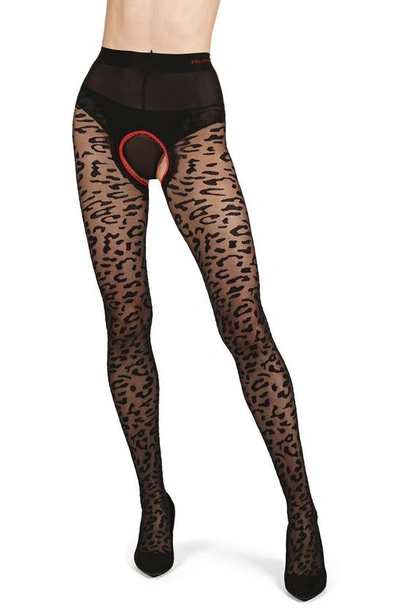 Memoi Born To Be Wild Crotchless Tights In Black-red