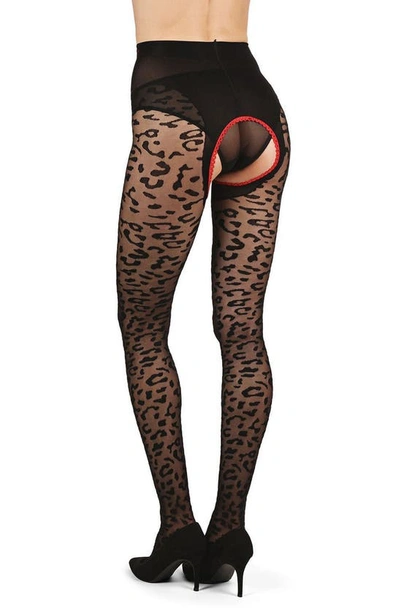 Memoi Born To Be Wild Crotchless Tights In Black-red
