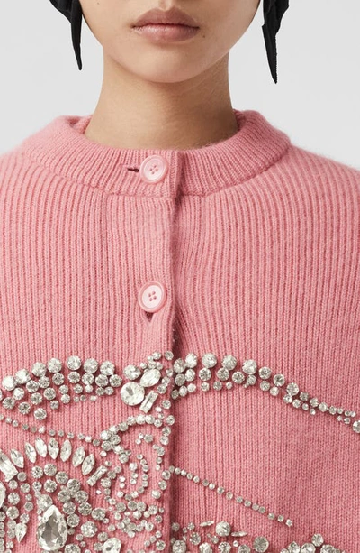 Shop Burberry Embellished Equestrian Knight Wool & Mohair Rib Blend Cardigan In Rosy Pink