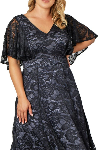 Kiyonna Camille Lace Midi Cocktail Dress In Storm Grey