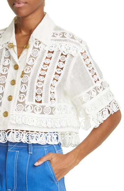 Shop Zimmermann High Tide Crop Cutout Guipure Lace Button-up Shirt In Cream