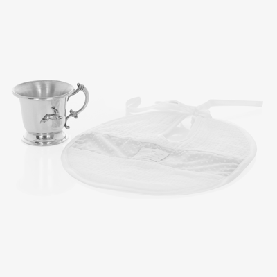 Shop English Trousseau Pewter Cup & Bib Baby Gift Set In Silver