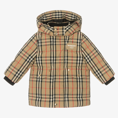 Shop Burberry Baby Vintage Check Puffer Coat In Beige