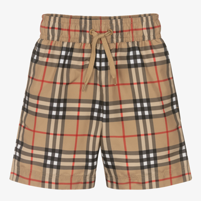 Shop Burberry Baby Boys Beige Check Swim Shorts