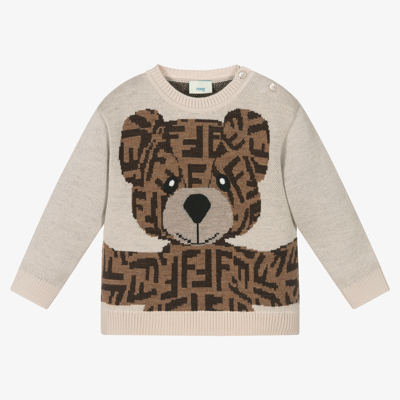 Shop Fendi Baby Beige Wool Ff Bear Sweater In Ivory