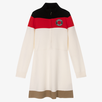 Shop Burberry Teen Girls Icon Stripe Merino Wool Dress In Ivory