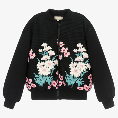 Shop Elie Saab Teen Girls Black Floral Bomber Jacket