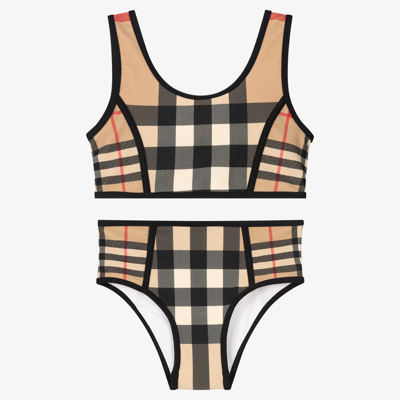 Shop Burberry Girls Beige Check Bikini In Brown