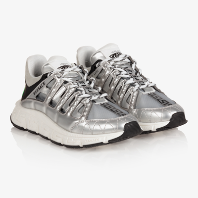 Shop Versace Silver Greca Leather Trainers