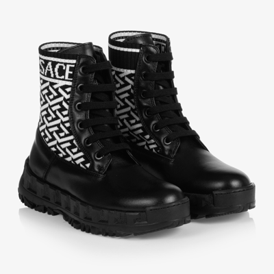 Shop Versace Teen Black Greca Leather Boots