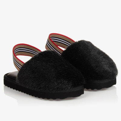 Shop Burberry Girls Black Faux Fur Slippers