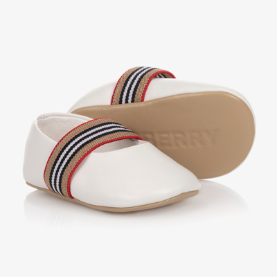 Shop Burberry Girls White Leather Icon Stripe Baby Shoes