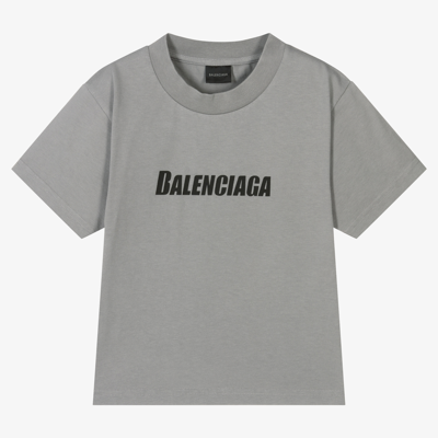 Shop Balenciaga Grey Cotton Caps Logo T-shirt